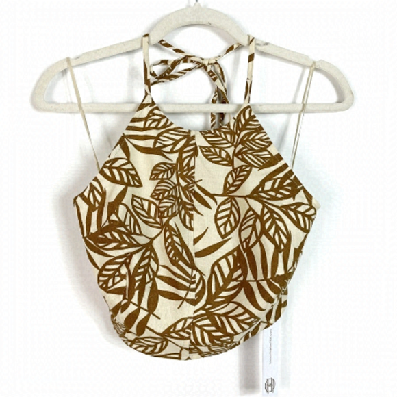 REVOLVE Tops - REVOLVE House of Harlow Linen Halter Smocked Cropped Tank Tropical Leaf Print